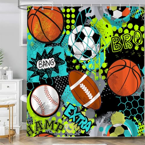 4PCS Sports Shower Curtain for Boys Set, Cool Graffiti Basketball Baseball Soccer Waterproof Bathroom Accessories with Non-Slip Rugs, Toilet Lid Cover Bath Mat and 12 Hooks, Home Decor 72" x 72" - color: Black Orange Blue
