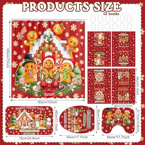 FuWeave 8 Pcs Christmas Shower Curtain Set Xmas Santa Bathroom Decoration Christmas Tree Hand Towels Snowman Toilet Lid Cover Bathroom Rugs Xmas Shower Curtain with Hooks(Gingerbread Man) - color: Gingerbread Man