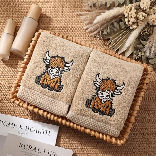 SmoothNovelty 2 Pcs Baby Highland Cow Hand Towels Khaki Bathroom Decor 14x29 Inch Embroidered 100% Cotton Soft Absorbent Spring Summer Decorative Hand Towels for Bathroom Kitchen - style: Highland Cow