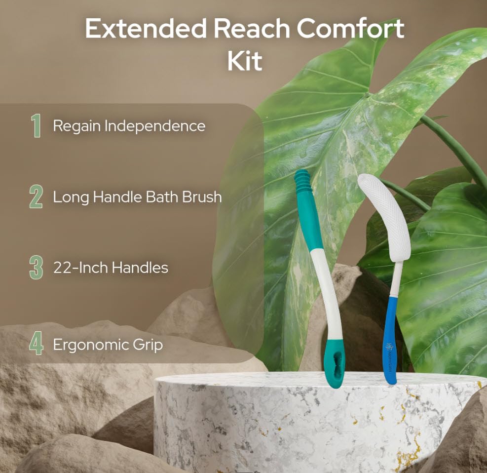 Extended Reach Toilet Wiper & Bath Brush Set - Long Handle Bathroom Buddy for Elderly, Disabled - Bottom Wiping Aid - Post-Surgery Toilet Aid - Self Cleaning Assistance Tool