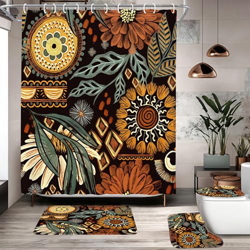 16 Pcs Shower Curtain Set with Rugs Boho and Metal Hooks Bath Mat 120gsm Heavy Weight Fabric Shower Curtains Bathroom Sets Decor Non-Slip Bathroom Rug and Bath Curtain Set 72 x 72 Inch,H-Boho - color: Boho