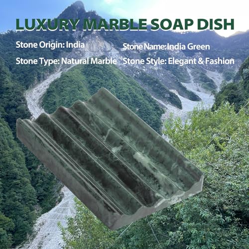 2PCS Koville Indian Natural Green Marble Soap Dish for Shower, Stone Soap Tray for Bathroom, Marble Bar Soap Holder for Sink, Stripe Grooves Soap Saver Sponge Holder - color: Verde Alpi