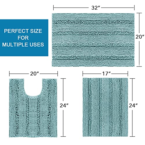 H.VERSAILTEX 3 Piece Bathroom Rugs Sets Thick Striped Bath Rugs Set for Bathroom Non Slip Soft Absorbent Bath Mat Set for Tub, Shower and Toilet(17''x24''+20''x32''+20''x24'' U-Shaped, Aqua Haze) - color: Aqua Haze