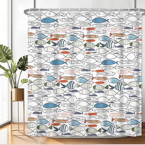 Fabric Shower Curtain with Hooks, Waterproof & Washable & Polyester, Fun Colorful Ocean Swiming Fish Shower Curtains for Bathroom, Funny Nautical Coastal Sea Bathroom Curtain, House Gift, 71x74 Inch - color: Multicolor Fish
