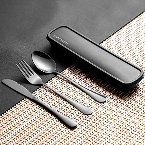 SAOSHYPEI 4-Piece Portable Utensils Set with Travel Case, Reusable Food-Grade Stainless Steel Silverware (Knife, Fork, Spoon), Dishwasher Safe Flatware for Camping, Work Lunch & Picnic, Black - color: Black1