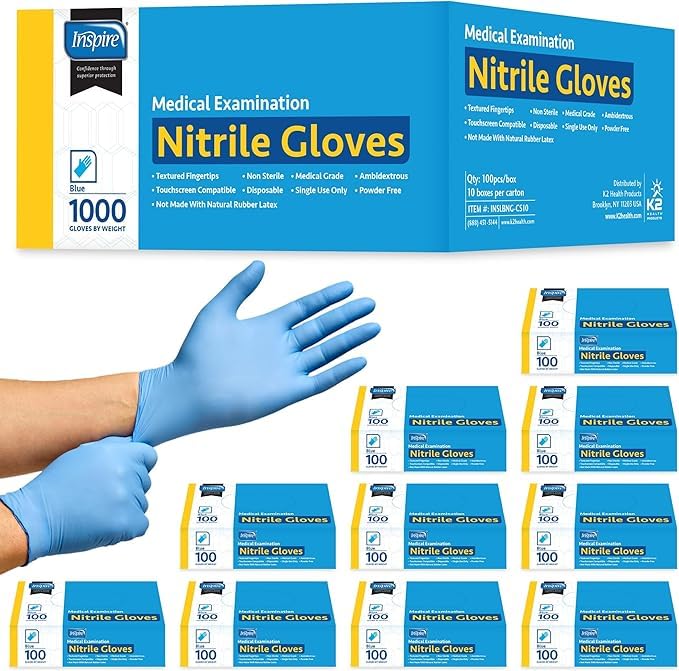 Inspire Black Nitrile Disposable Gloves | 4.5 Nitrile Disposable Safety Medical Cooking Cleaning Gloves - size: Large, style: Blue - Case of 1000