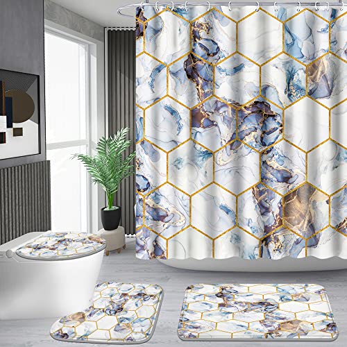 Poedist Shower Curtain Set with Rugs,Bathroom Accessory Set, Including Non-Slip Rugs,Toilet Lid Cover and Bath Mat, Waterproof Shower Curtain with 12 Hooks, Honeycomb Marble - color: White