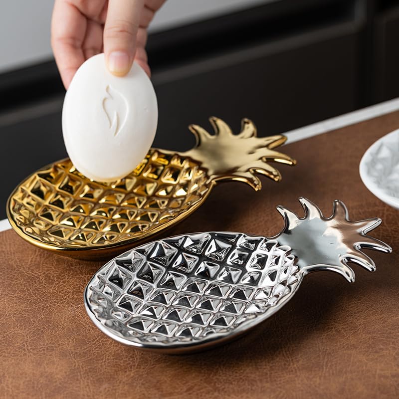 Chic Soap Dish, Pineapple Shape, Fluted Design, Decorative Ceramic Tray(Gold) - color: Gold