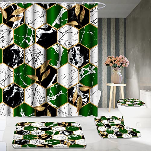 Poedist Shower Curtain Set with Rugs,Bathroom Accessory Set, Including Non-Slip Rugs,Toilet Lid Cover and Bath Mat, Waterproof Shower Curtain with 12 Hooks,Green and White Honeycomb Marble - color: Green White