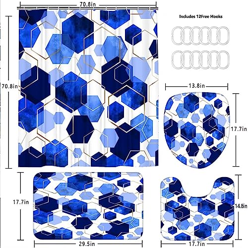 LQCOOL Blue Bathroom Curtain Set, 4Pcs Modern Art Geometric Shower Curtain with 12 Hooks, Waterproof, Blackout, 70.8' L x 70.8' W - color: Blue