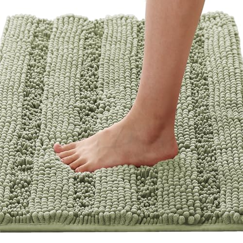 H.VERSAILTEX Bath Mats for Bathroom Non Slip Thick Chenille Striped Bath Rug Absorbent Fluffy Soft Shaggy Rugs Washable Dry Fast Plush Mats for Indoor, Bath Room, Tub - 20" x 32", Eucalyptus Green - color: Eucalyptus Green, size: 20" x 32"