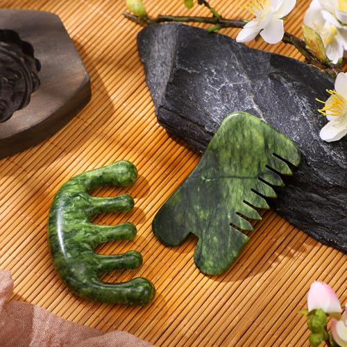 BBTO 2 Pcs Jade Comb for Scalp Massage Gua sha Comb for Head Body spa Hair Multifunctional Handheld Massage Tools (Classic, Natural) - style: Classic, Natural