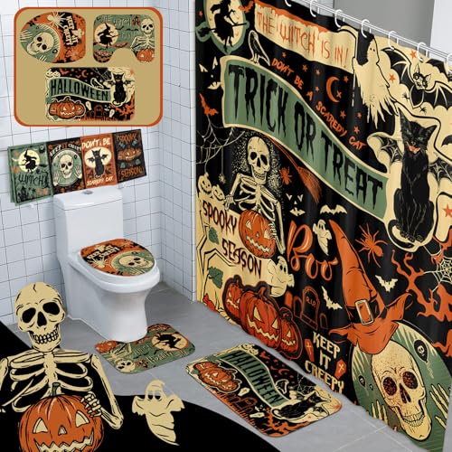 FuWeave 8 Pcs Halloween Shower Curtain Set for Bathroom Include Vintage Ghost Pumpkin Bat Cat Towels Non Slip Skull Rugs Toilet Lid Cover Spider Web Bath Mat and 12 Hooks for Halloween Bathroom Decor - color: Ghost Pumpkin
