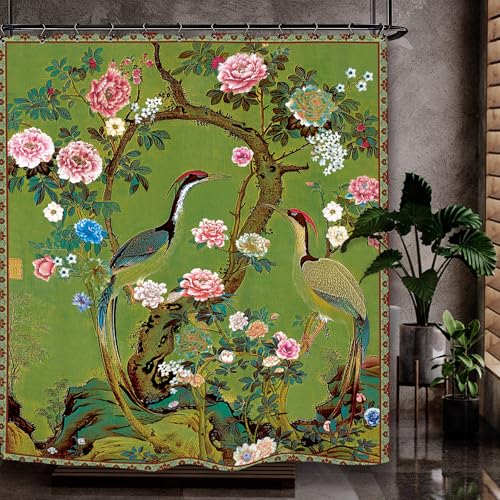 Vintage Flower Shower Curtain 60Wx72L Inch Crane Peony Vintage Retro Chinese Plant Botanical Green Blossom Japanese Art Bathroom Set Accessories Decor with 12 Pack Hooks - color: Green Art, size: 60"W x 72"L (Pack of 1)
