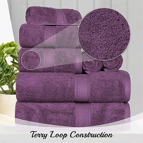BLUENILEMILLS BNM Madeline Egyptian Cotton Heavyweight Towels, Ideal for Shower, Spa, Hotel, 800 GSM, Face/Washcloths, Hand Towels, Bath Towels, Highly-Absorbent, Luxury, 9 Piece Towel Set, Plum - color: Plum, size: 9-Piece Towel Set