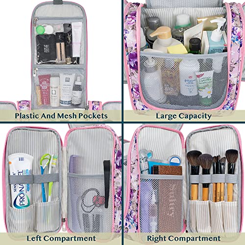 PAVILIA Extra Large Toiletry Bag Travel Bag for Women Men, Hanging Cosmetic Organizer, Water Resistant Makeup Bag for Accessories Toiletries, Travel Essentials Kit (Floral Pink) - color: Floral Purple, size: Extra Large (12x6x12.5)