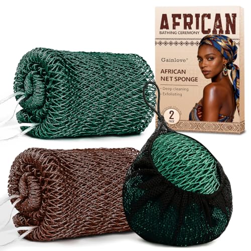 2 Pack African Net Sponge Exfoliating Body Scrubber Bath Sponge for Daily Use (Dark Brown+Dark Green) - color: Dark Brown+dark Green