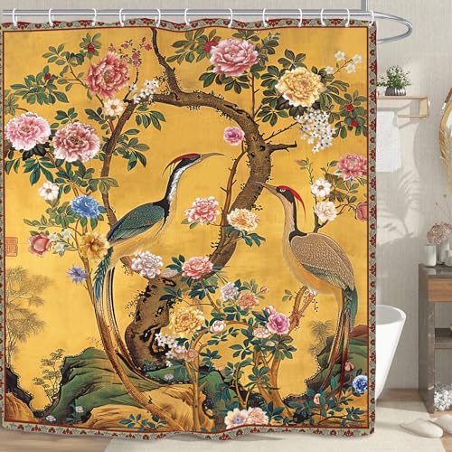 Vintage Flower Shower Curtain 60Wx72L Inch Crane Peony Vintage Retro Chinese Plant Botanical Yellow Bathroom Set Accessories Decor with 12 Pack Hooks - color: Yellow Vintage, size: 60"W x 72"L (Pack of 1)