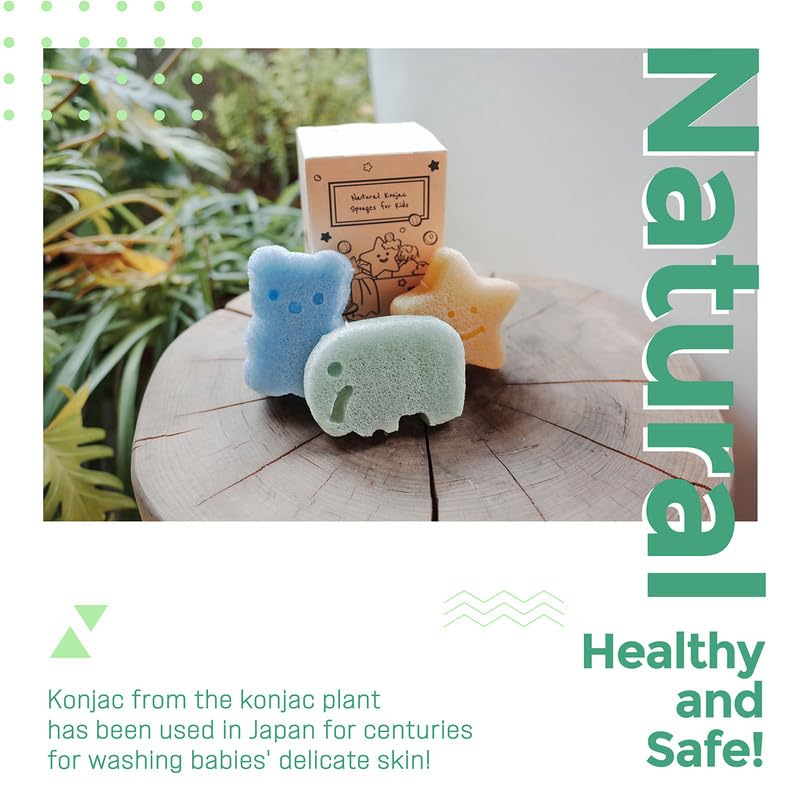 myHomeBody Konjac Sponge, Bath loofah, 3pc, Elephant, Bear & Star | Natural Safe Plant-Based, Cute Shapes Bath Sponge for bathing, Shower Sponge for bath, Body Loofah, Shower Loofah, Face Luffa - color: Elephant,bear,star