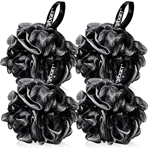 Yoget Bath Loofah Sponge, 4 Pack Black 60G Shower Mesh Ball Soft Pouf Body Scrubber, Exfoliate, Cleanse, Soothe Skin, Black Loofah with White Trim - style: Black
