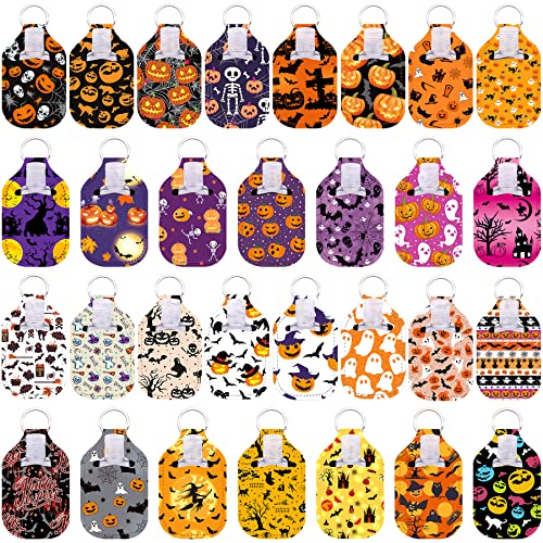 Duufin 60 Pcs Halloween Hand Sanitizer Holder Keychain Empty Bottle Bulk | Including 30 Pcs Hand Sanitizer Keychain Holder and 30 Pcs Refillable Empty Travel Bottles, Halloween Style - color: Halloween Style