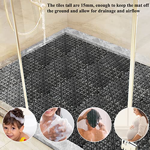 12 Pack Interlocking Floor Tiles 11.8" x 11.8" Interlocking Rubber Floor Mat Outdoor Non Slip Splicing Drainage Mats for Shower, Deck, Pool, Patio, Balcony, Kitchen, Yard - color: Black - Thicken