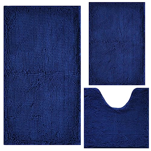 Bathroom Rugs Chenille 3-Piece Extra Soft and Absorbent Shag Bathroom Rugs, Machine Wash Mat, Strong PVC Non-Slip Underside, Plush Carpet Mats (Navy Blue) - color: Navy Blue, size: 2'8" x 1'8" (16x24"+20x32"+20x20"U shape）