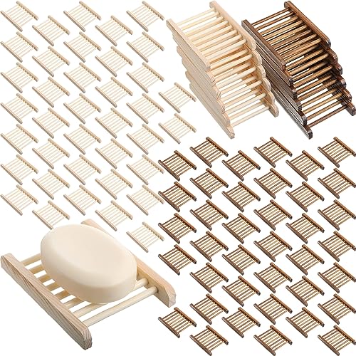 Rtteri 100 Pieces Bamboo Wood Soap Dish Tray Bathroom Wooden Soap Holder Handmade Bathtub Shower Dish Accessories for Home Bathroom Kitchen Sponge Scrubber