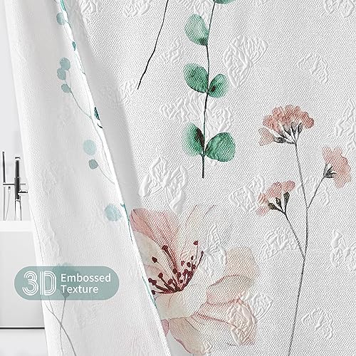 QiyI Watercolor Floral Shower Curtain, 3D Embossed Butterflies Sage Green Flower Bathroom Curtain, Minimalist White Cloth Bath Curtains, Waterproof Fabric Textured Shower Curtain Set with Hooks, 72x72 - color: Sage Green, size: 72"W x 72"L (Pack of 1)