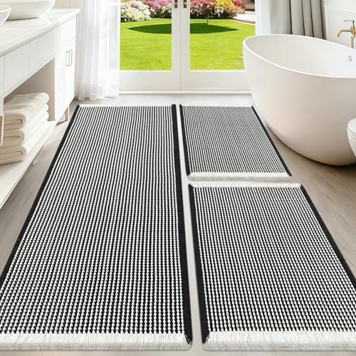 Upgraded Waffle Bath Mat Set 3 Piece Black & White, Super Absorbent Non-Slip Quick Dry Bathroom Rugs with Tassels, Machine Washable Ultra Soft Boho Bath Rugs for Floor,Toilet Mats Boho Farmhouse Decor - color: Black & White, size: 48"x24"+36"x24"+24"x17"