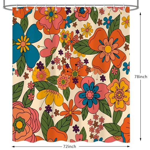 Vintage Floral Shower Curtain, Retro Groovy Hippie Funky Boho Flowers Shower Curtains for Bathroom Decor, Colorful Cute Fabric Bath Curtain 72x78 Inch - color: Colorful, size: 72"W x 78"L (Pack of 1)