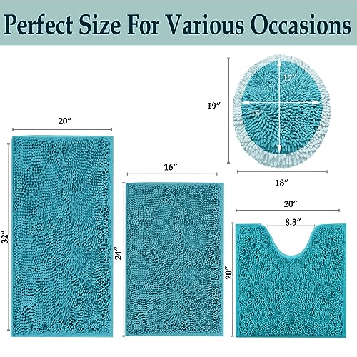 Bathroom Rugs Sets 4 Piece, Extra Soft Absorbent Chenille Bath Rugs, Non Slip Rubber Backing Machine Washable Quick Dry Bath Mats for Bathroom Floor, Tub, Shower, Home Decor Accessories, Teal Blue - color: Lake Blue
