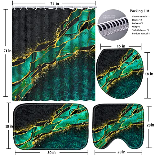 Poedist 4 Pcs Gold Edge Marble Bathroom Shower Curtain Set, Bathroom Sets with Shower Curtain and Rugs(Bath Mat,U Shape and Toilet Lid Cover Mat) and 12 Hooks-Green - color: Green Yellow