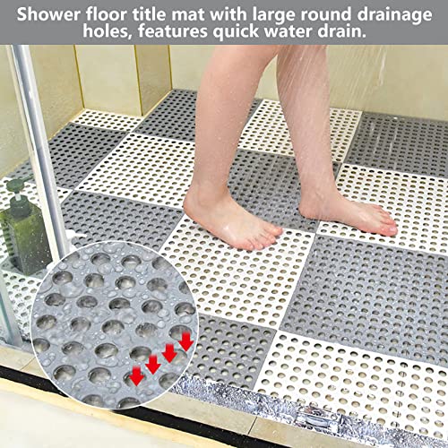 12 Pack 11.8" x 11.8" Interlocking Floor Tiles with Drain Holes Soft PVC Non Slip Shower Floor Mat Modular Interlocking Cushion Mat for Drain, Pool, Patio, Balcony, Kennel, Poultry, Floor Grid, Grey - color: Grey