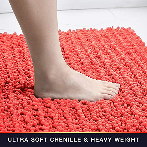 Walensee Bathroom Rug 2 Pieces Set Non Slip Bath Mat (20"x32" Plus 20"x32" Living Coral) Water Absorbent Super Soft Shaggy Chenille Machine Washable Dry Extra Thick Perfect Carpet for Shower Floor - color: Coral, size: 20"x32" plus 20"x32"