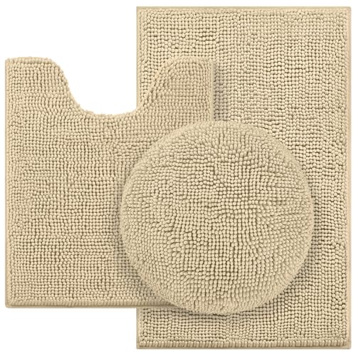 HOMEIDEAS 3 Pieces Beige Bathroom Rugs Set, Ultra Soft Non Slip Bath Rug and Absorbent Chenille Bath Mat, Includes U-Shaped Contour Rug, Bath Mat and Toilet Lid Cover, Perfect for Bathroom, Tub - color: Beige, size: 20"x32"+U 20"x24"+Cover 18"x21"