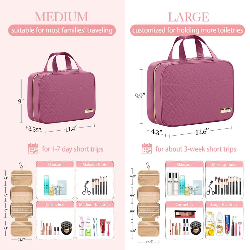 HOTOR Travel Toiletry Bag - Hanging Toiletry Bag for Women & Men, Makeup Bag/Big Comparment, Waterproof for Travel Accessories, Travel Essentials, Large, Rosewood-Pink - color: Rosewood-Pink, size: Large