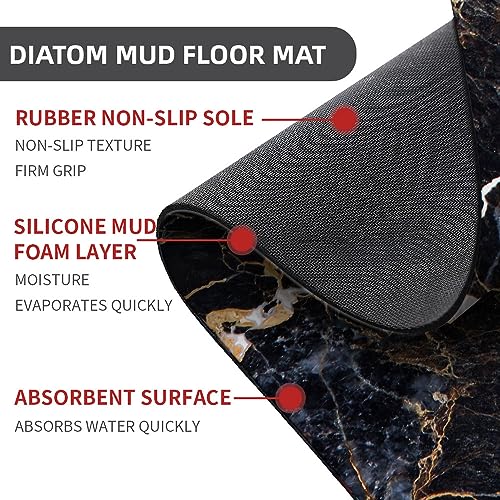Bath Mat Rug,Black marble with yellow and white Non Slip Quick Dry Super Absorbent Thin Bathroom Rugs Fit Under Door-Easy to clean Bathroom Floor Mats-Shower Rug for Shower Sink Bathtub(20" x 31"In) - color: Black Marble With Yellow and White, size: 1'8"