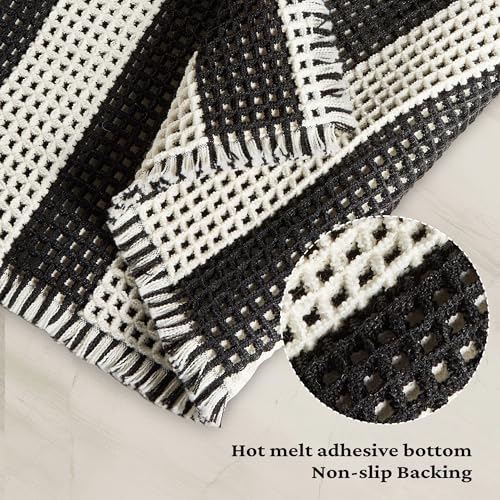 MatEssenz 2 Piece Waffle Bathroom Rugs Checkered Bath Mat Set (17"x24" & 18"x30"), Black and White Weave Bathroom Rugs with Tassels, Non-Slip Quick Dry Shower Mats, Machine Washable Skin-Friendly - color: Lattice Style, size: 17" x 24" + 18" x 30"