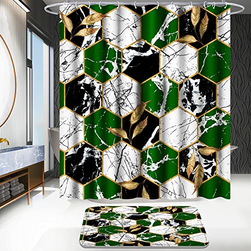 Poedist Shower Curtain Set with Rugs,Bathroom Accessory Set, Including Non-Slip Rugs,Toilet Lid Cover and Bath Mat, Waterproof Shower Curtain with 12 Hooks,Green and White Honeycomb Marble - color: Green White