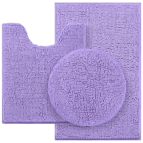 HOMEIDEAS 3 Pieces Light Purple Bathroom Rugs Set, Ultra Soft Non Slip Bath Rug and Absorbent Chenille Bath Mat, Includes U-Shaped Contour Rug, Bath Mat and Toilet Lid Cover, Perfect for Bathroom, Tub - color: Light Purple, size: 20"x32"+U 20"x24"+Cover 1