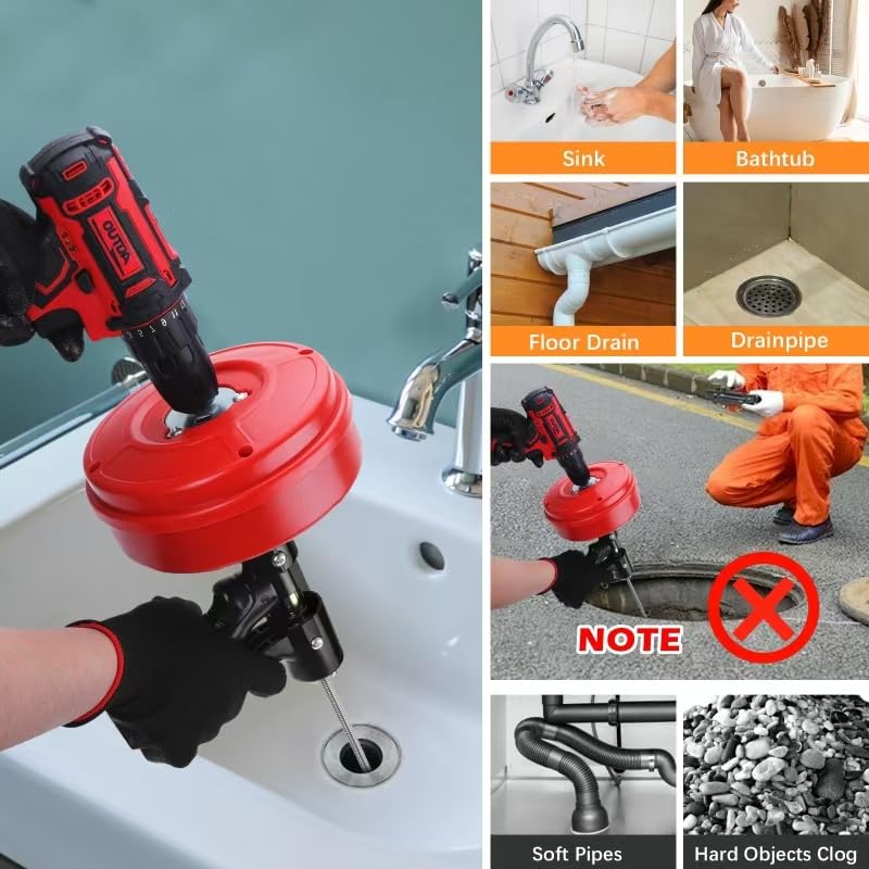 35 FT Double Mode Drain Snake Tools, 14-in-1 Drain Auger for Sink and Drain Unblocking, Plumbing Snake for Kitchen, Bathrom and Shower Sink, Snake for Real DYIs【Upgraded】 - color: 35ft-n-red&black
