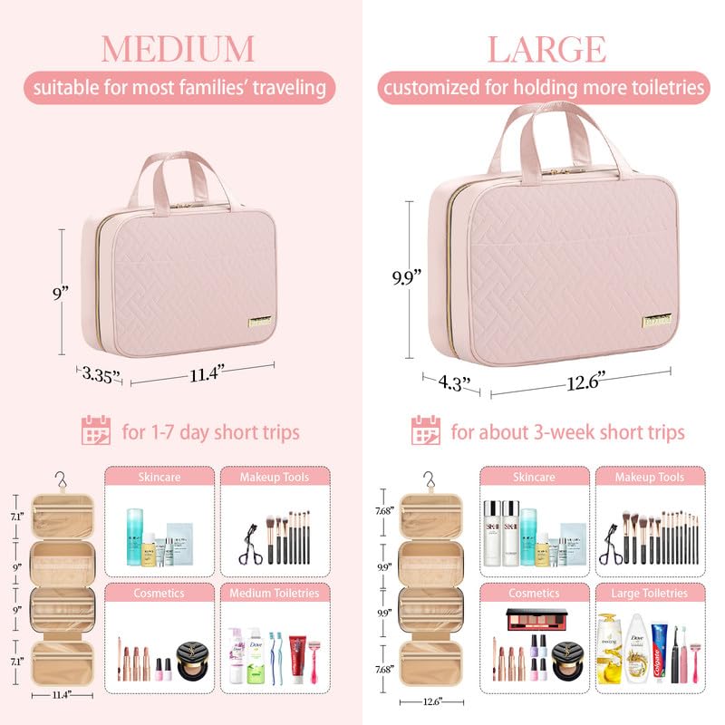 HOTOR Travel Toiletry Bag - Hanging Toiletry Bag for Women & Men, Makeup Bag/Big Comparment, Waterproof for Travel Accessories, Travel Essentials, Large, Pale Pink - color: Pale Pink, size: Large