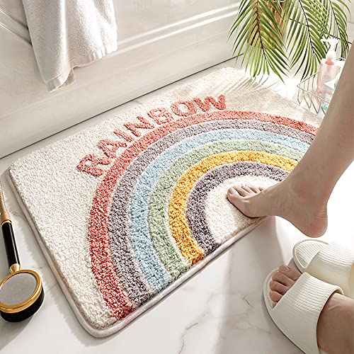 Rainbow Flocking Bath Mat, 32"x 20" | Water Absorbent, Non-Slip, Soft Microfiber, Cute Cartoon Doormat, For Tub Sink Shower Bath Room - size: 2'8" x 1'8" (Rectangular)