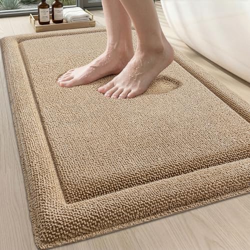 DEXI Memory Foam Bath Mat 32x20, Soft Absorbent Chenille Bathroom Rug, Non Slip Quick Dry Bath Mats for Bathroom, Thick Plush Floor Carpet for Tub Shower, Sink, Beige - color: Beige, size: 32" X 20" (Rectangular)