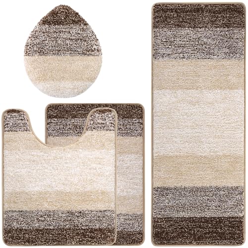 Bsmathom Bathroom Rugs Sets 4 Piece with Toilet Cover, Plush Shaggy Bathroom Rugs Non Slip Washable, Absorbent Microfiber Bath Mat Set with U-Shaped Contour Toilet Mat, Dark Coffe - color: Dark Coffee, size: 20"x31"+20"x59"+U20"x24"+Cover19"x21"