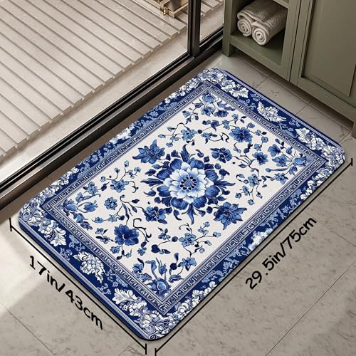 Bath Mat 29.5"x17", Blue Vintage Mandala Floral Slim Low-Profile Fast Drying Super Absorbent Bathroom Rug with Non-Slip Backing, Easy-Clean Modern Floor Mat for Tub, Shower, or Entryway - color: Blue Vintage Mandala Floral