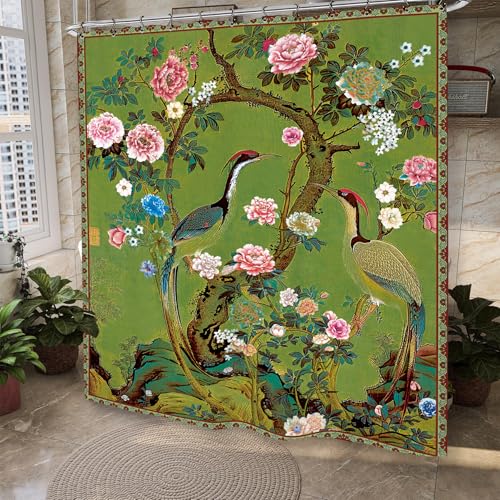 Vintage Flower Shower Curtain 60Wx72L Inch Crane Peony Vintage Retro Chinese Plant Botanical Green Blossom Japanese Art Bathroom Set Accessories Decor with 12 Pack Hooks - color: Green Art, size: 60"W x 72"L (Pack of 1)