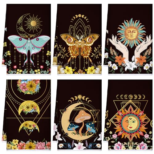 Boyiee Set of 6 Witchy Kitchen Towels Boho Tea Towels Absorbent Mushroom Floral Dish Towels 24 x 16'' Gothic Dish Towels Sun Moon Star Butterfly Hand Towels Gifts for Farmhouse Kitchen Bathroom - color: Moon