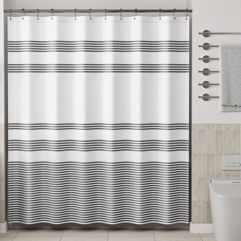 AmazerBath Long Shower Curtain, 72x78 Striped Black Fabric Shower Curtain Set with 12 Shower Curtain Hooks, Rustic Cloth Black and White Shower Curtain, Farmhouse Bathroom Shower Curtain Sets - color: A- Black Stripe +12 Metal Hooks, size: 72"W x 78"L (Pa